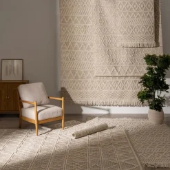 Alfombra crema de lana y algodón con relieve Boho 160x230cm