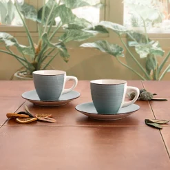 Conjunto de 2 tazas con plato azul de gres Vita 22cl