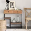 Consola de madera acacia con dos cajones y estantes Bremen 80x30x81cm