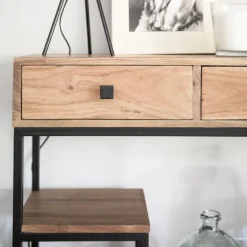 Consola de madera acacia con dos cajones y estantes Bremen 80x30x81cm