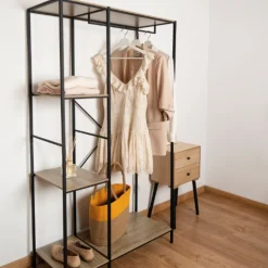 Estantería con perchero de acero y madera MDF Bruno 90x40x165cm