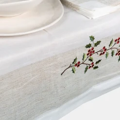 Mantel de Navidad blanco bordado Muérdago 150x250cm