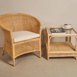 Mesa auxiliar de ratán y cristal Corvo 55x55x50cm