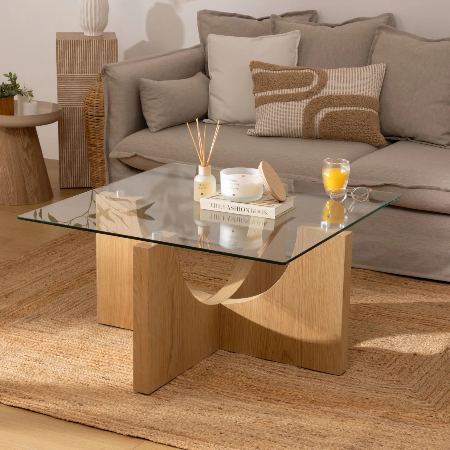 Mesa de centro de cristal y madera DM Milán 85x85x45cm