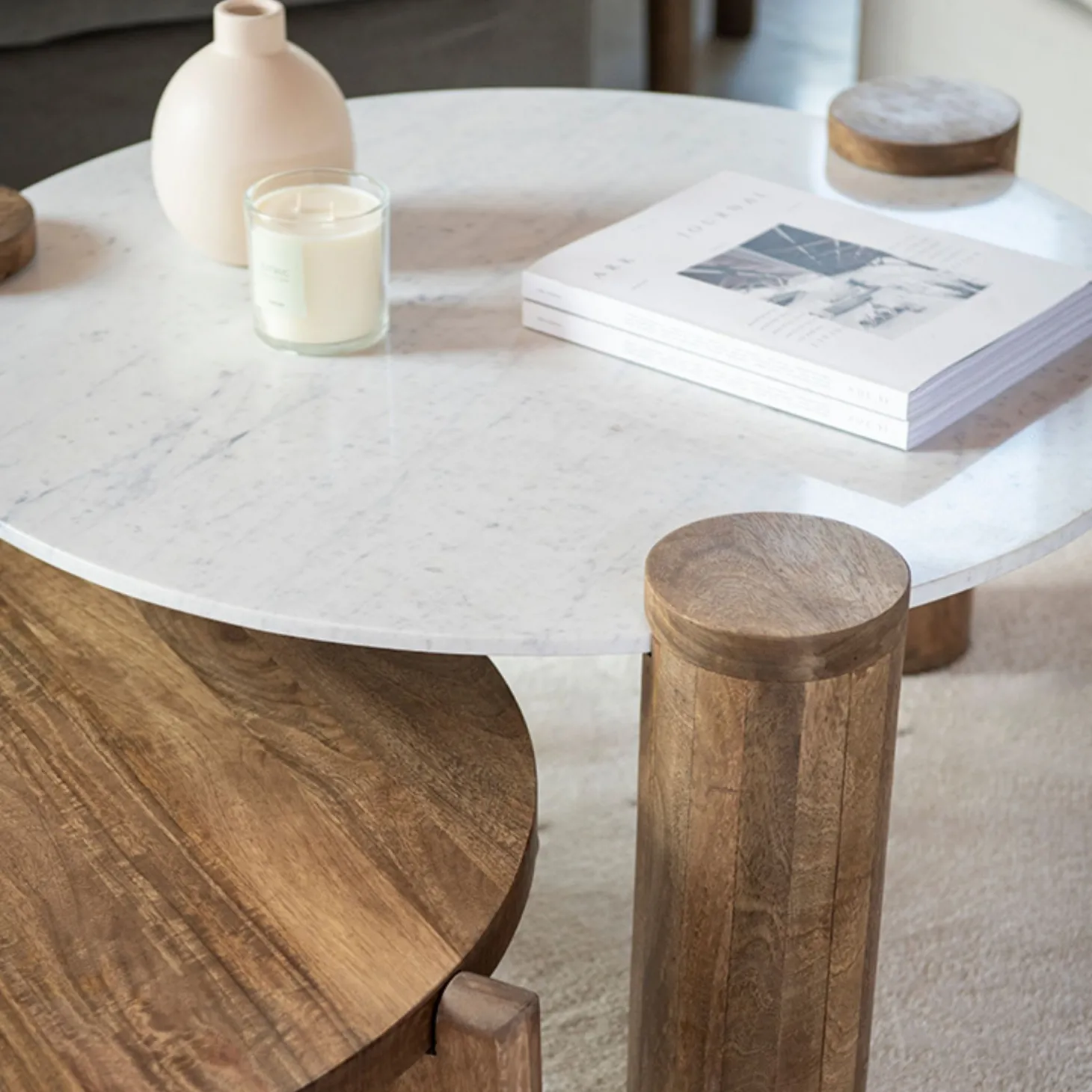 Mesa de centro de mármol y madera Houston Ø90x45 Clau&Chloe