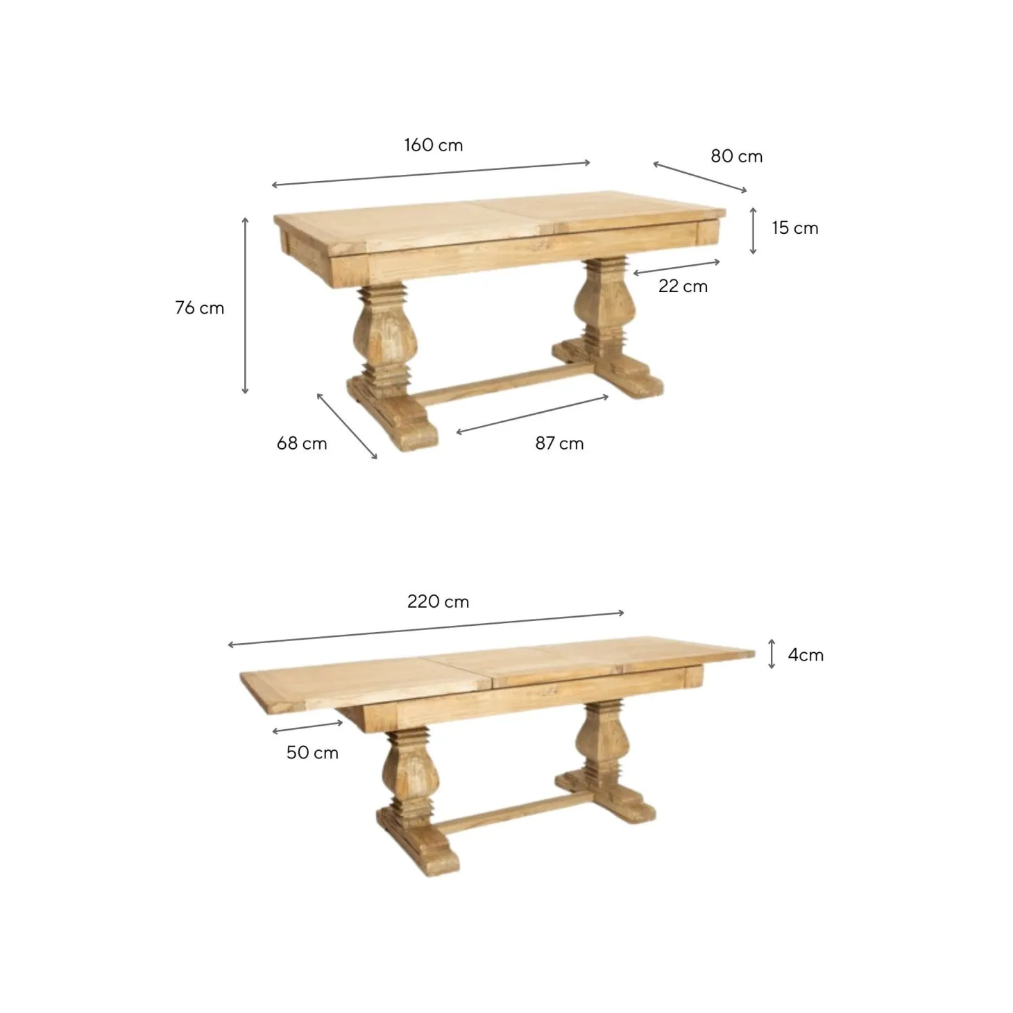 Mesa de comedor extensible de madera de olmo reciclada Toulouse 160/220x80x76cm