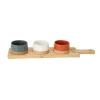 Set de 3 bols de gres de colores con bandeja madera