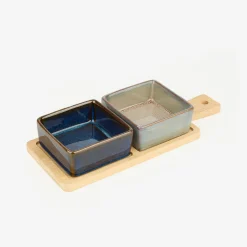 Set de 2 cuencos de cerámica de colores con bandeja de madera