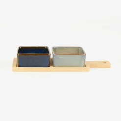 Set de 2 cuencos de cerámica de colores con bandeja de madera