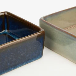 Set de 2 cuencos de cerámica de colores con bandeja de madera
