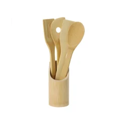 Set de 4 utensilios con portautensilios de bambú