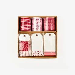 Set de cintas y etiquetas para regalo rojo y blanco