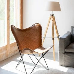 Silla mariposa de cuero y ratán marrón Katy 72x78x92cm