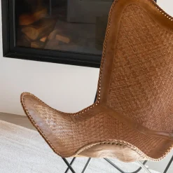 Silla mariposa de cuero y ratán marrón Katy 72x78x92cm
