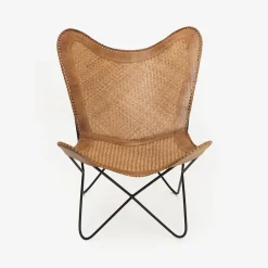 Silla mariposa de cuero y ratán marrón Katy 72x78x92cm