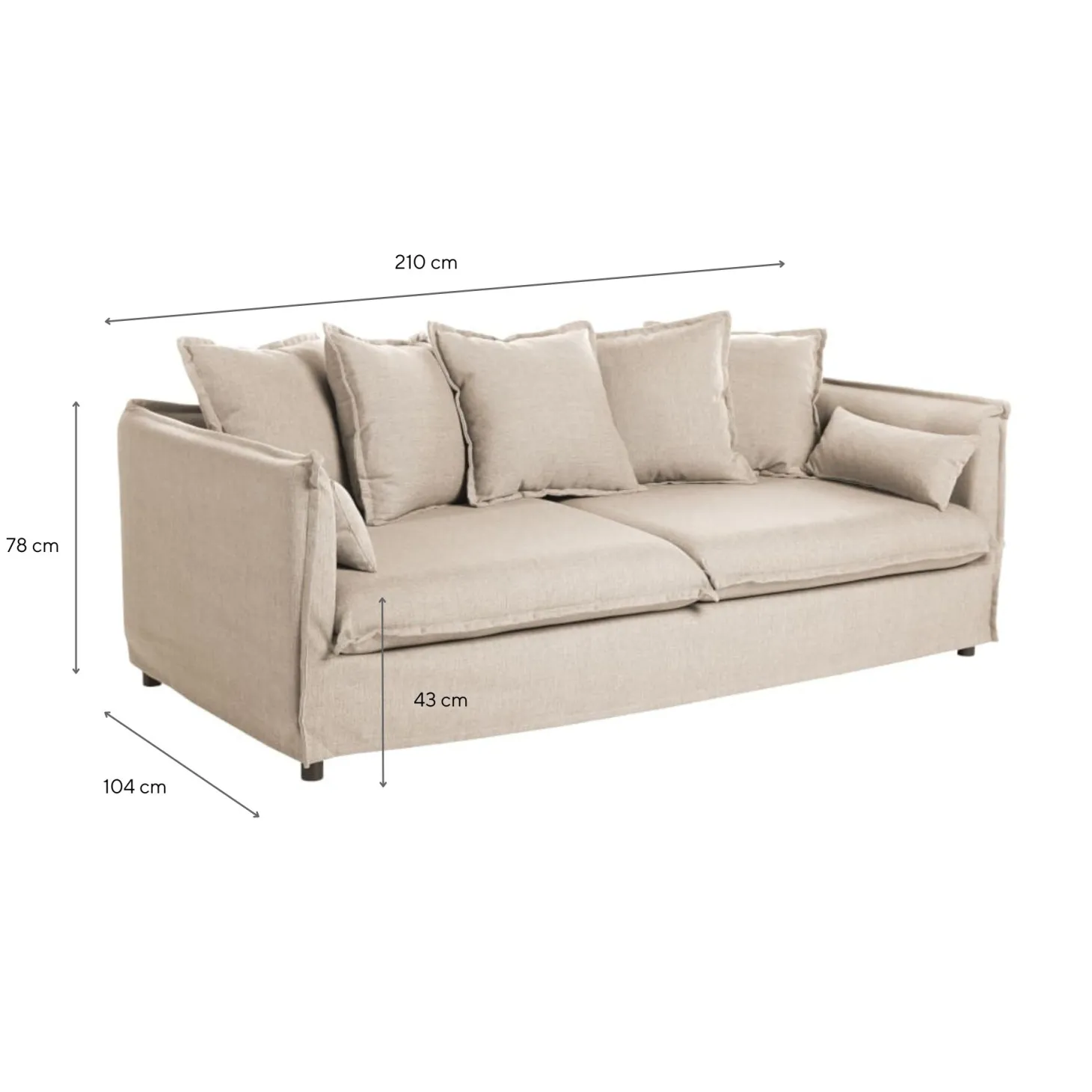 Sofá de 3 plazas beige con cojines 210x104x69cm Clau&Chloe